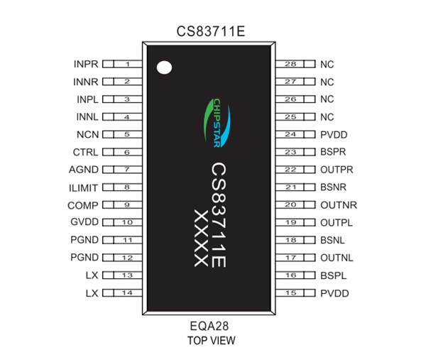 CS83711E(兩節鋰電池7.4V供電內置升壓2x16.5W雙聲道D類音頻功放IC)